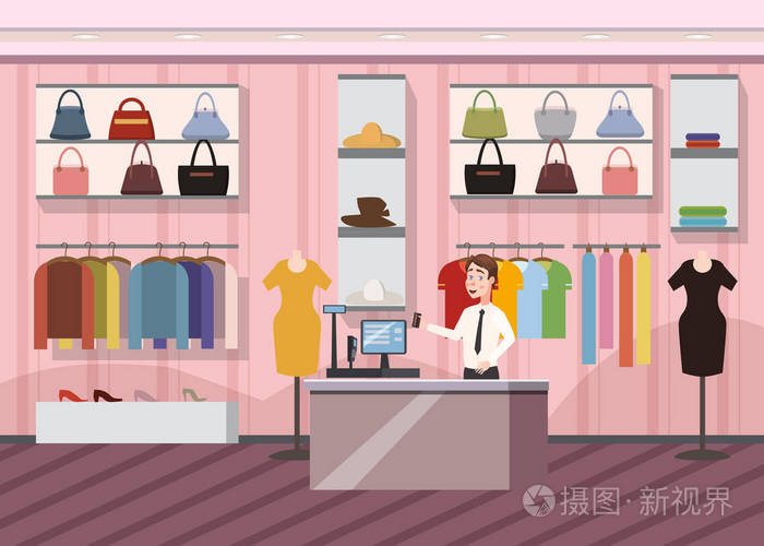 時裝店超級市場女裝購物商場內橫幅與復制空間卡通矢量插畫